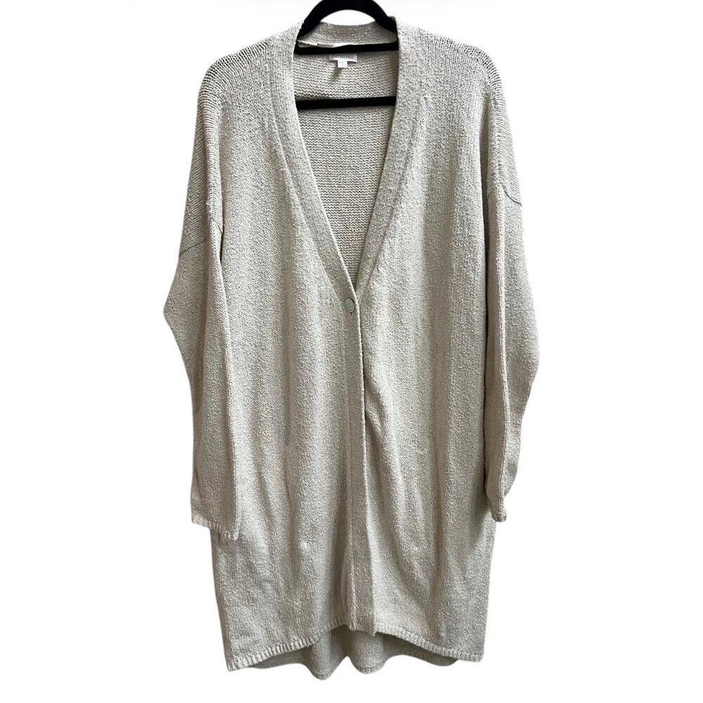GARNET HILL Organic Cotton Oversized Cardigan Sweater Sz L Oatmeal Beige Boucle